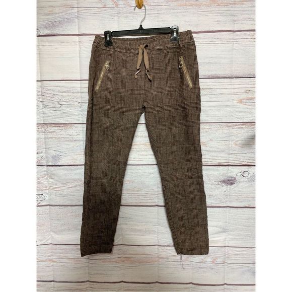 Tempo Paris Pants - TEMPO PARIS BROWN TAN PLAID CORDUROY STRETCHY PANTS size L